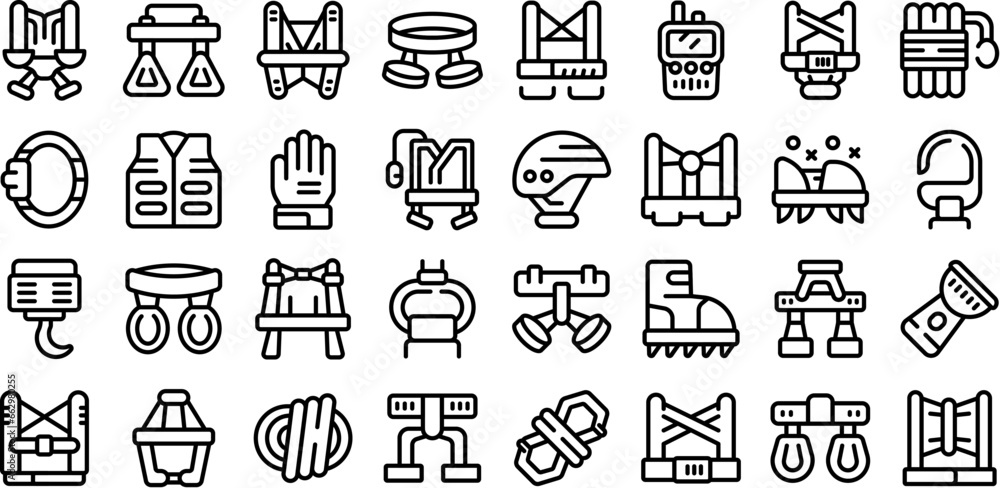 Climbing harness icons set outline vector. Equipment gear. Safety ice tool - obrazy, fototapety, plakaty 
