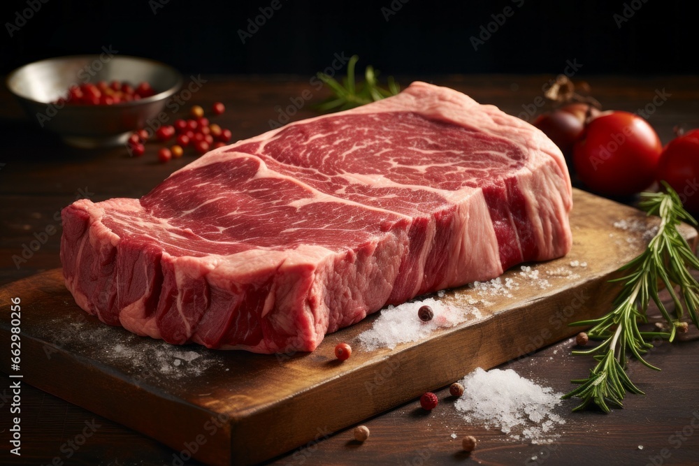 Appetizing fresh meat on a cutting board. Background with selective focus and copy space Appetizing fresh meat on a cutting board. Background with selective focus and copy space