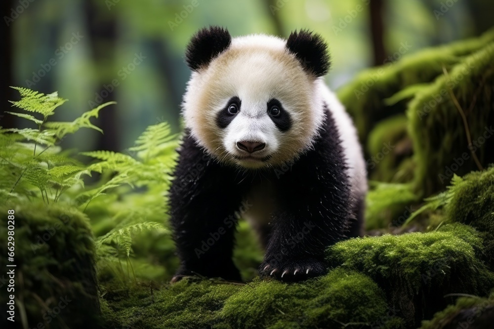 Panda in the forest. Portrait with selective focus and copy space Panda in the forest. Portrait with selective focus and copy space