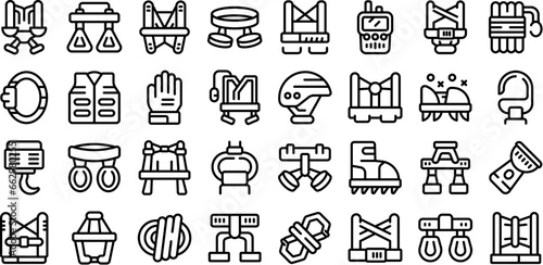 Climbing harness icons set outline vector. Equipment gear. Safety ice tool