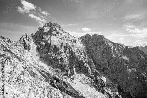Razor Mountain. Sunny day in Julian Alps, Slovenia. Black and white image.