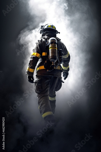 Firefighter against the background of smoke from the fire