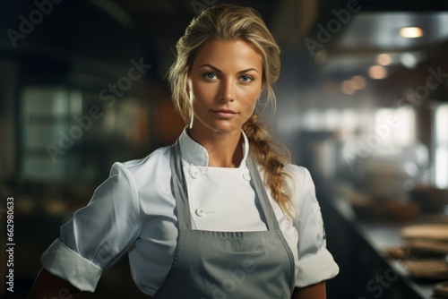 Female cook with happy emotion. Portrait with selective focus and copy space