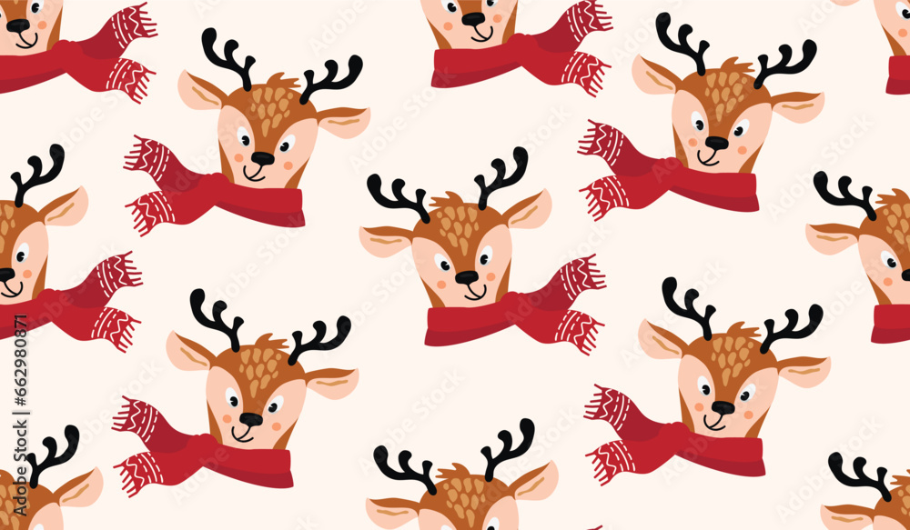 Cartoon deer head with warm scarf.Seamless pattern with cute funny character.Winter holidays background for printing on fabric and paper.Endless wallpaper with wild animal.Vector illustration on white Cartoon deer head with warm scarf.Seamless pattern with cute funny character.Winter holidays background for printing on fabric and paper.Endless wallpaper with wild animal.Vector illustration on white