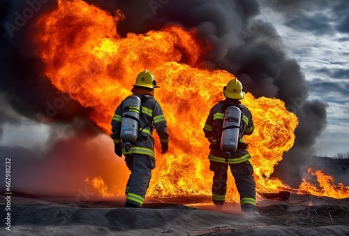 Two firefighters against a background of fire and smoke