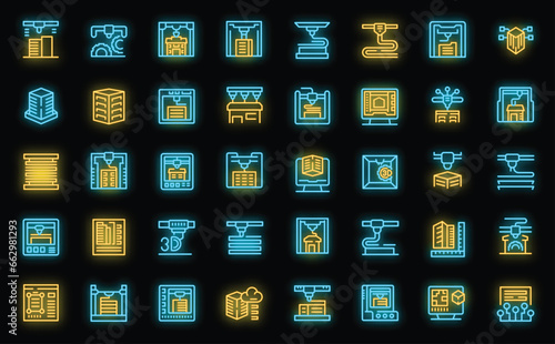3D printing in construction icons set outline vector. Lab print. Business education neon color on black