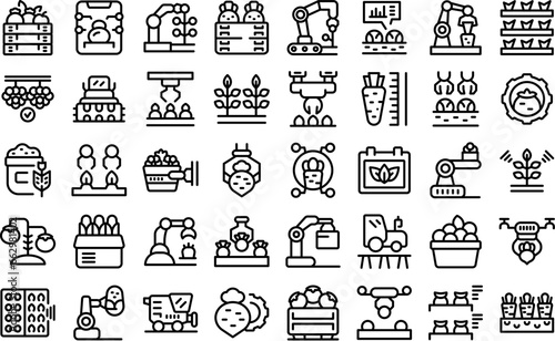 Automated Harvesting icons set outline vector. Smart farm robot. Organic service