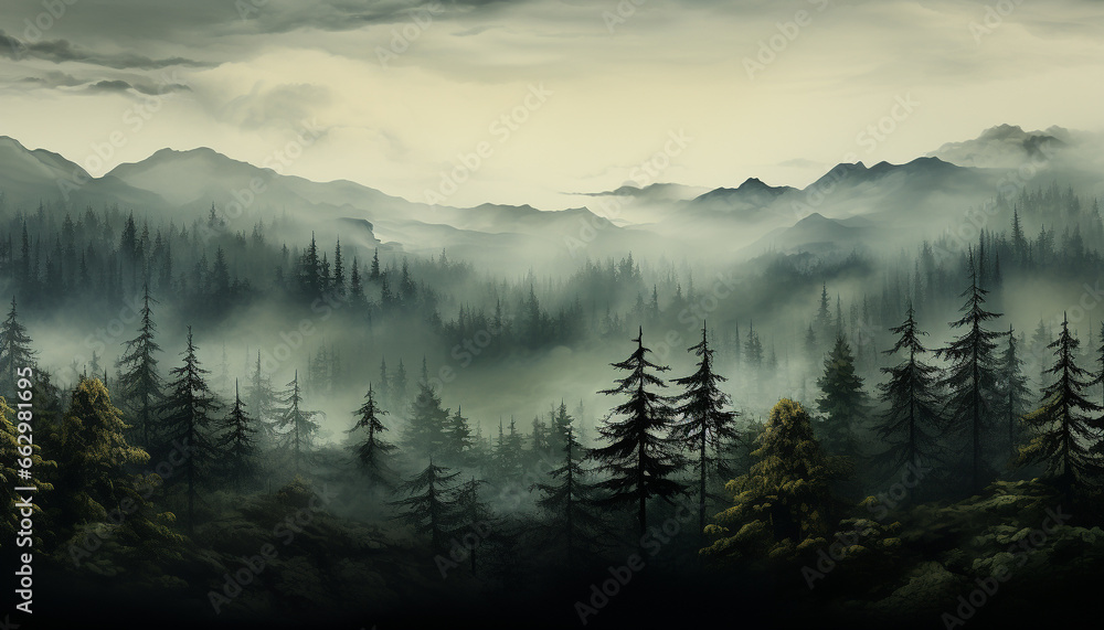Mysterious mountain peak, foggy forest, tranquil sunset, nature beauty generated by AI