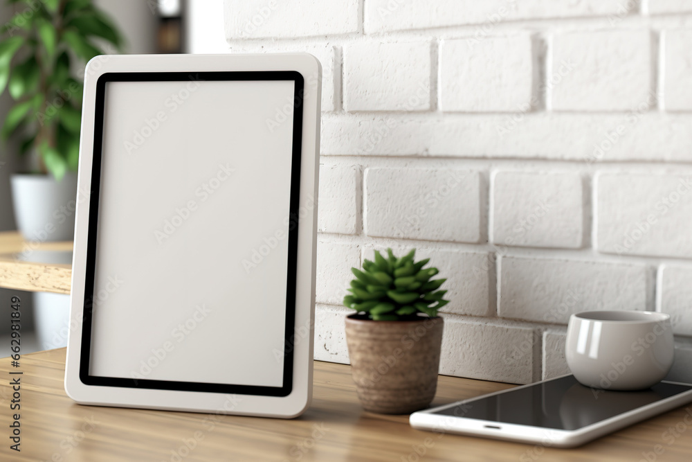 Illustration of a close-up of a digital tablet's blank screen with decorations on a wooden tabletop against a background of a white brick wall. Generative AI Illustration of a close-up of a digital tablet's blank screen with decorations on a wooden tabletop against a background of a white brick wall. Generative AI