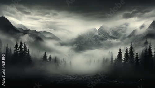 Majestic mountain peak, foggy forest, tranquil scene, panoramic wilderness generated by AI © djvstock