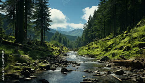 Tranquil scene  Majestic mountain range reflects in flowing water generated by AI © djvstock