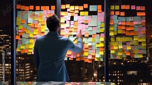 businessman working with brainstorming board full of sticky note from colleague 