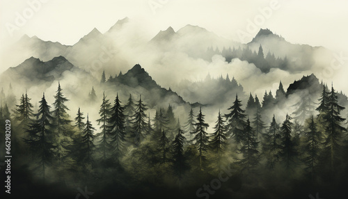 Mountain landscape with fog, trees, and grass in summer meadow generated by AI © djvstock
