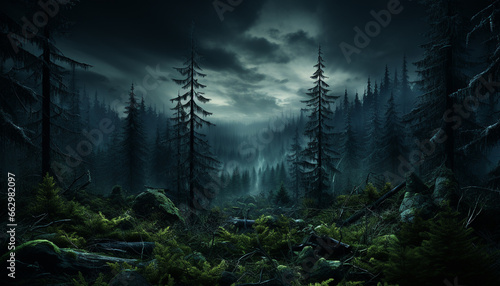 Mysterious dark forest  spooky silhouette  tranquil scene  nature enchanting beauty generated by AI