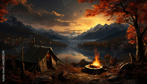 Tranquil scene  mountain peak  sunset  campfire  tent  reflection  nature generated by AI