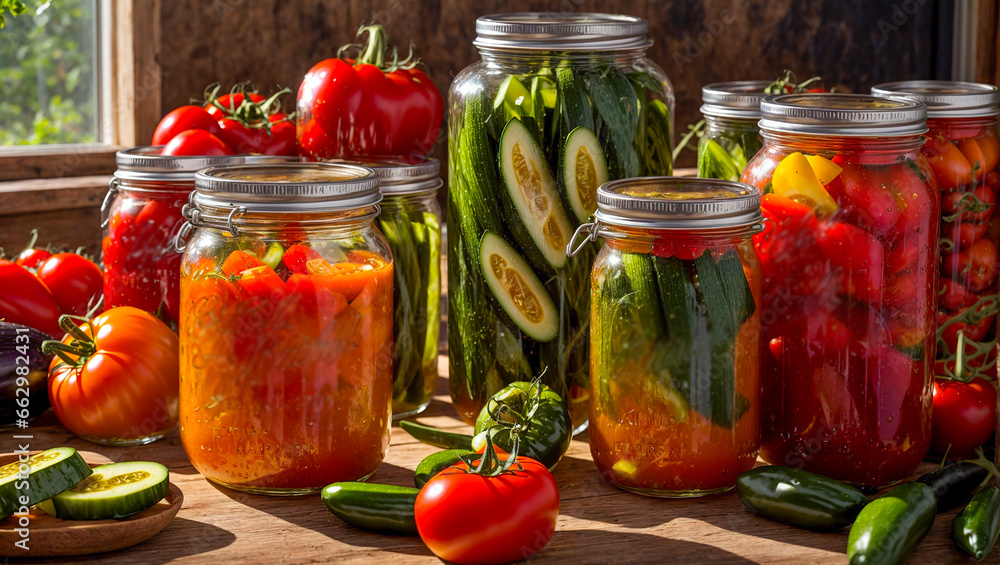 Canned various vegetables in glass jars on a kitchen background Canned various vegetables in glass jars on a kitchen background