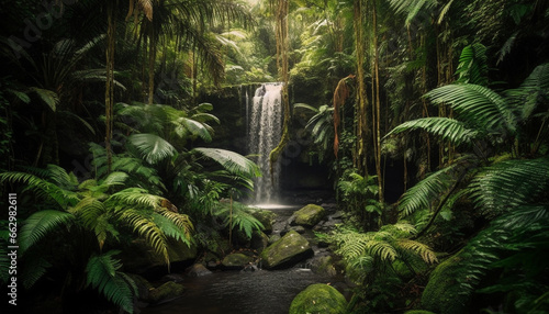 Tranquil tropical rainforest landscape with flowing water and palm trees generated by AI