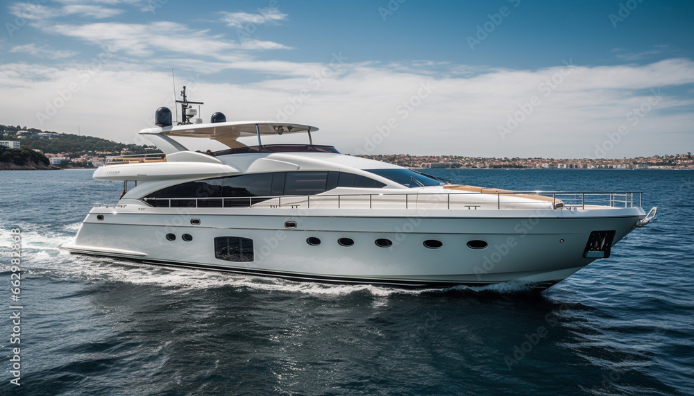 Luxury yacht sailing on blue waves, perfect summer vacation mode generated by AI Luxury yacht sailing on blue waves, perfect summer vacation mode generated by AI