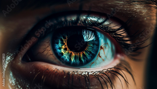 Blue eyed woman staring at camera with selective focus on iris generated by AI