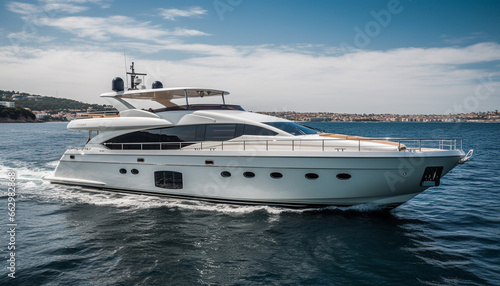 Luxury yacht sailing on blue waves, perfect summer vacation mode generated by AI © Stockgiu