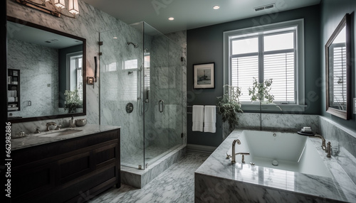 Modern elegance in luxurious domestic bathroom with chrome faucet and granite sink generated by AI