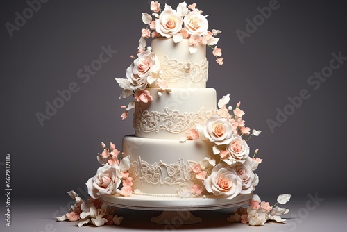 tiered wedding cake with white and soft peach color rose decoration