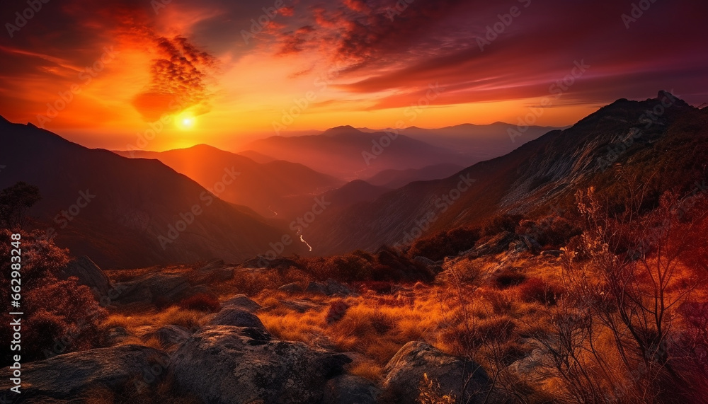 Majestic mountain range, tranquil meadow, orange sunset, heaven beauty generated by AI