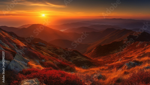 Tranquil scene of majestic mountain range at dawn, breathtaking beauty generated by AI