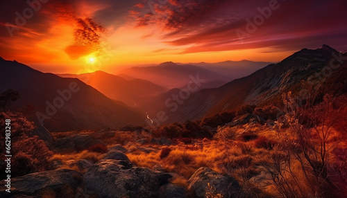 Majestic mountain range, tranquil meadow, orange sunset, heaven beauty generated by AI © Stockgiu