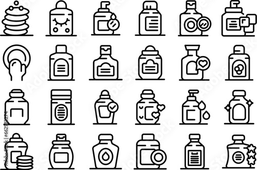 Micellar water icons set outline vector. Makeup container. Serum skin cosmetic
