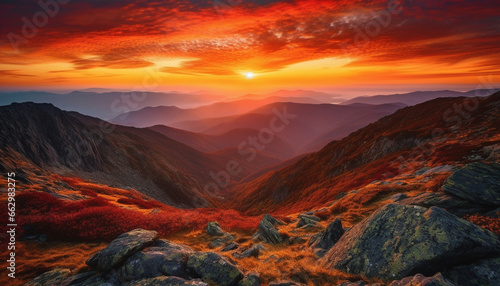 Majestic mountain range at sunset, panoramic beauty in nature generated by AI