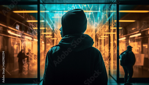 Silhouette of a hooded burglar walking in the dark city generated by AI
