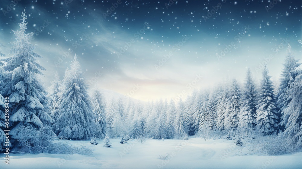 Snowy Evergreen Forest and Winter Wonderland Background