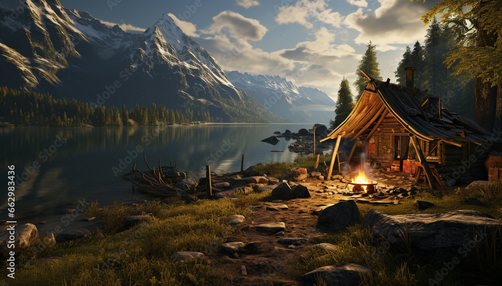 Fototapeta premium Tranquil scene mountain range, forest, water, autumn, tree, beauty generated by AI