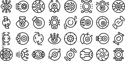 Eye implants icons set outline vector. Contact lens. Hazel health bionic