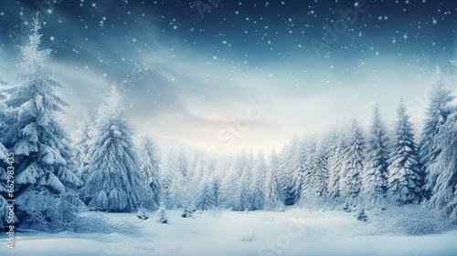 Snowy Evergreen Forest and Winter Wonderland Background © Michael