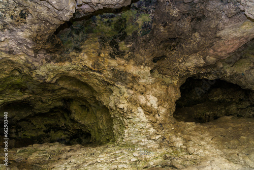 Karst cave. Background with selective focus and copy space