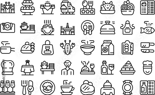 Catering business icons set outline vector. Buffet party. Food serving event