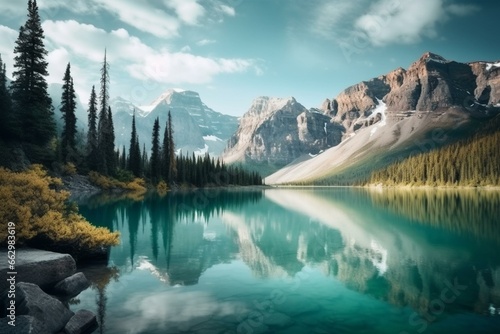 Scenic landscape featuring majestic mountain and serene lake. Generative AI