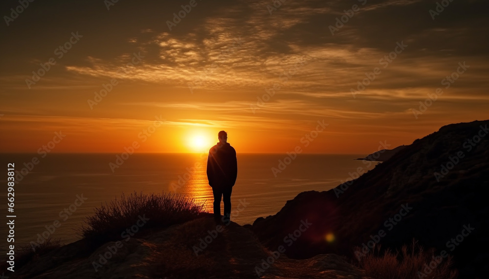 Silhouette of one person standing on cliff, looking at sunset generated by AI