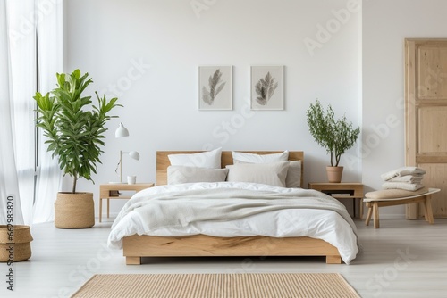 Bright bedroom with wooden tables and a houseplant. Generative AI © Rosamund