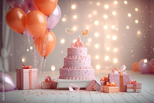 cute birthday baby cake celebration with balloons photo