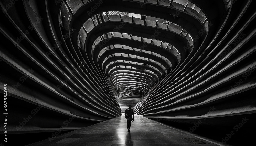Fototapeta premium One person walking through a futuristic, black and white subway station generated by AI
