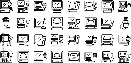 Ultrasound machine icons set outline vector. Probe transducer. Medical doctor equipment