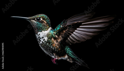 Hummingbird hovering mid air, iridescent feathers spread, beak pollinating flower generated by AI