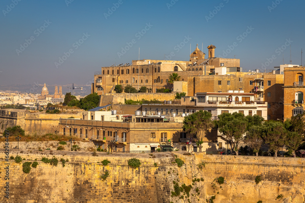 Fototapeta premium Valletta Panorama of the City Center. Beautiful aerial view of the Valletta city in Malta. Taken from a Ship this photo captures well the amazing architecture and charm of this city.