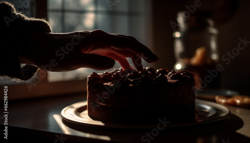 Handmade chocolate pie slice on plate, held by woman indoors generated by AI