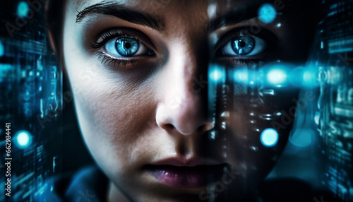 Young adult woman staring at glowing blue cyborg portrait generated by AI