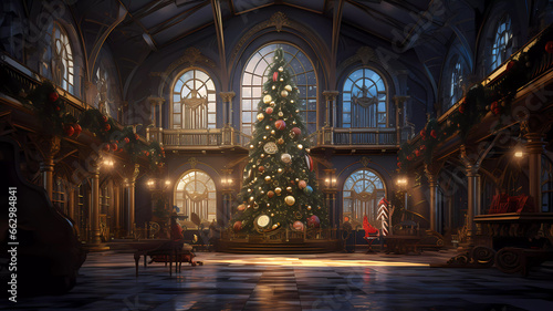The house is decorated for Christmas. Big windows. Christmas. Christmas tree. Gold. Banner. Wallpaper. Copy space. Generated AI. Edited in Photoshop. © Olena Dziuba