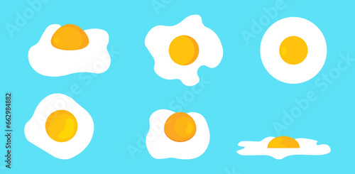 A set of differently cooked eggs. Whole egg, raw, fried egg, hard-boiled egg. Fresh tasty boiled eggs. Tasty breakfast. Vector hand drawn illustration